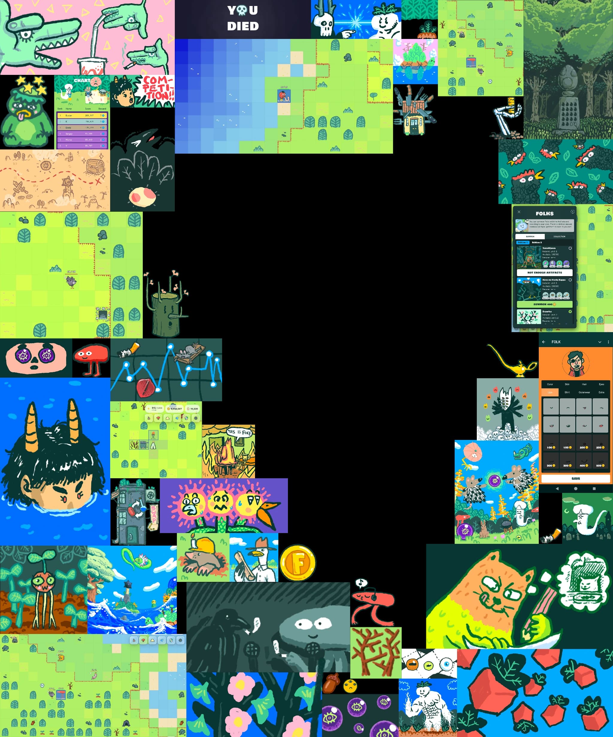 FOLK game world — hand-drawn sandbox MMORPG with terraforming, creatures, and settlement building